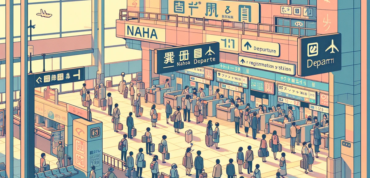 Naha Airport departure area packed with travelers during golden week, long queues at check-in counte