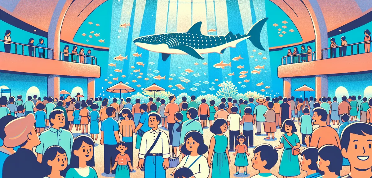 Okinawa Churaumi Aquarium crowded viewing area with families and tourists watching whale shark, blue