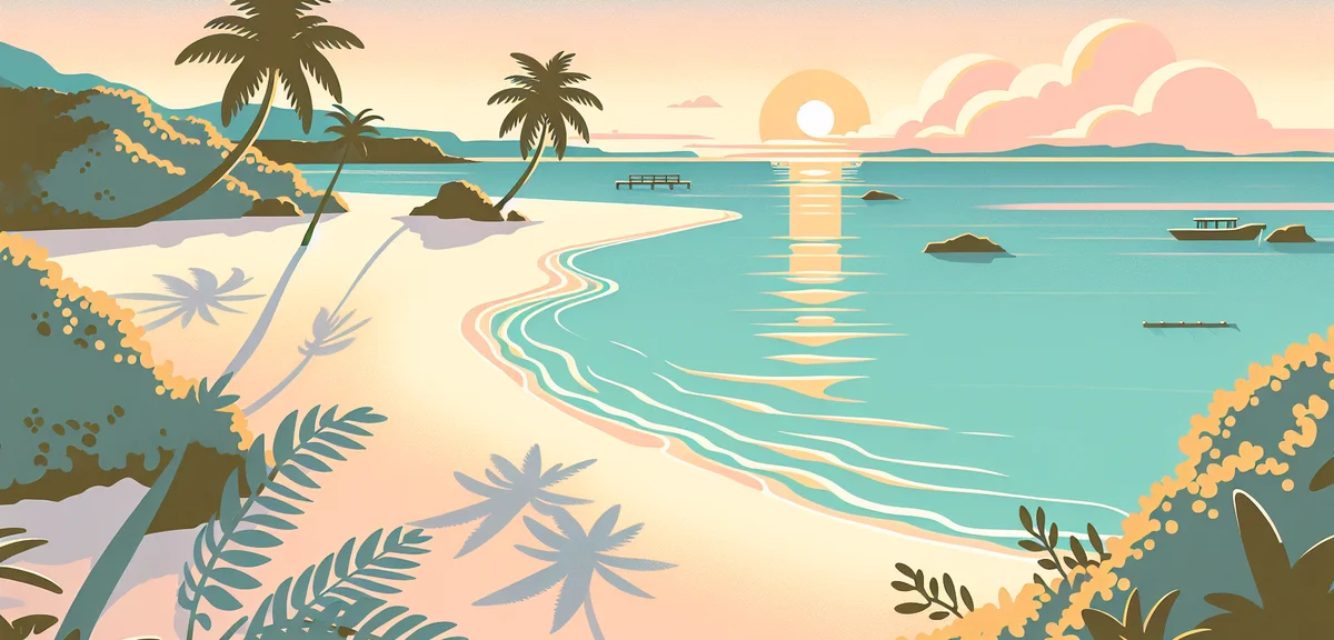 Peaceful secluded Okinawa beach early morning, empty white sand, crystal clear turquoise water, palm