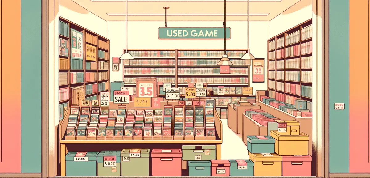 Well-organized Japanese GEO store interior showing used game section with many colorful game cases,