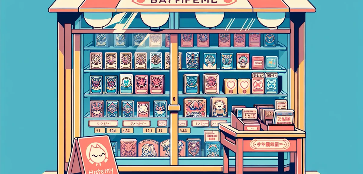 Trading card game display at Japanese store, colorful organized card packs and singles, Pokemon and