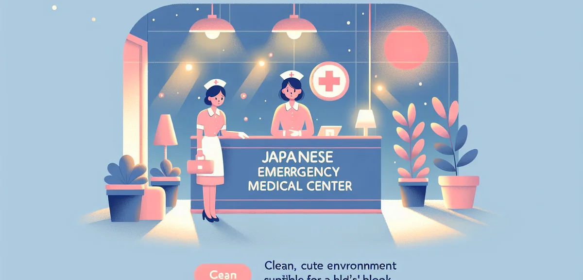 Japanese emergency medical center reception at night, nurse at desk, warm lighting, reassuring atmos