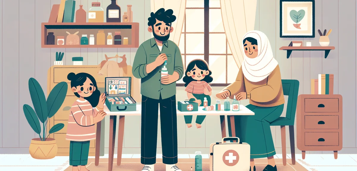 Japanese family preparing home medicine kit with first aid supplies, organized medicine box on table