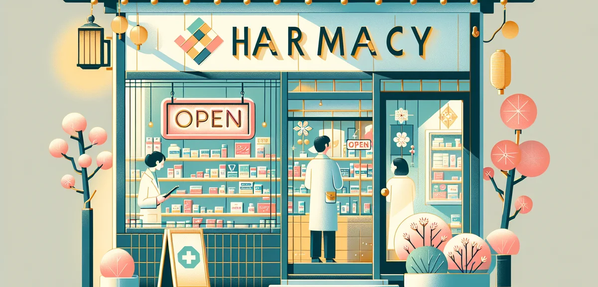 Japanese pharmacy storefront with open sign during holiday, spring season, friendly pharmacist visib