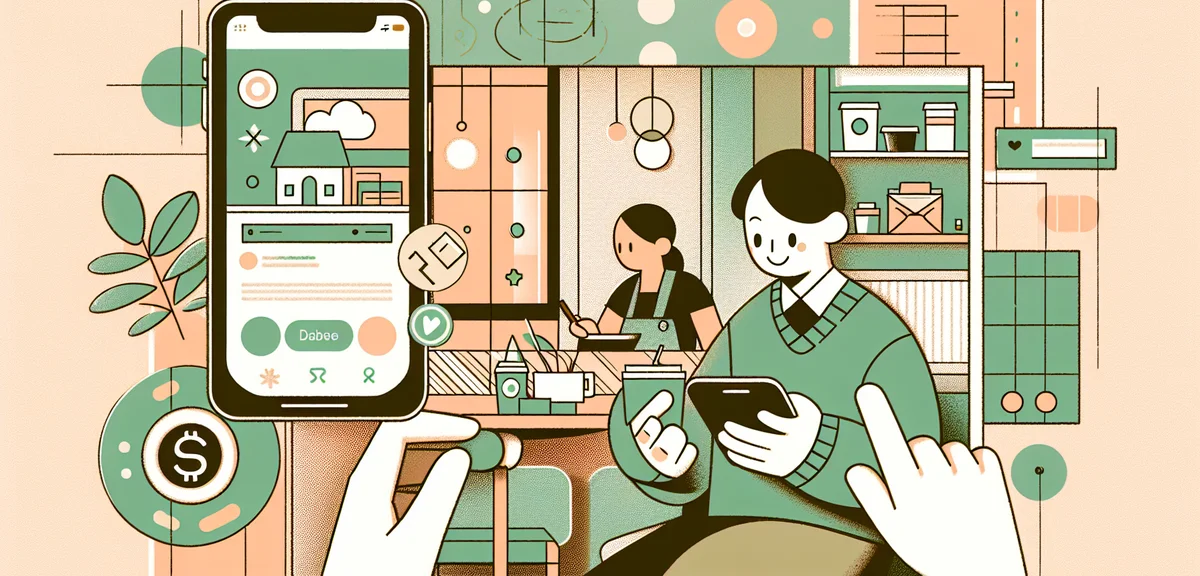 Japanese person using smartphone banking app Olive, green interface on screen, coffee shop setting, 