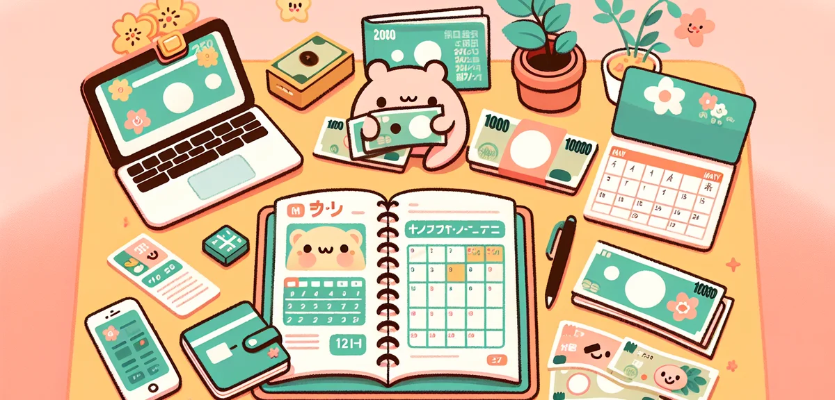 Japanese yen banknotes and bank passbook on desk with calendar showing May, financial planning conce