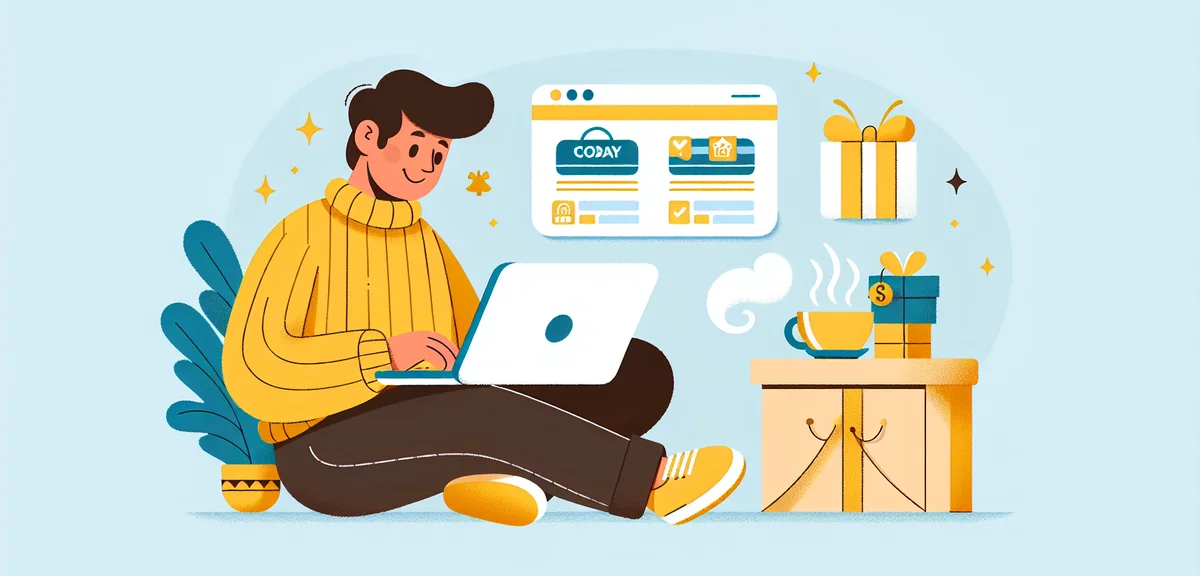 Person browsing Amazon deals on laptop screen during golden week, comfortable home setting, cup of c