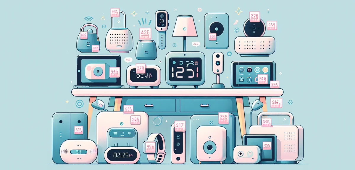 Smart home devices and electronics arranged on table with sale price tags, modern gadgets display, c