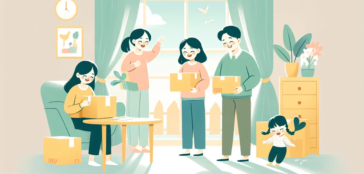 Japanese family enjoying delivered Amazon packages at home, unboxing products, happy atmosphere, spr