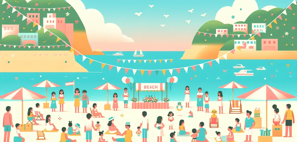 Beautiful Okinawa beach with crystal clear water, beach opening ceremony decorations, families enjoy