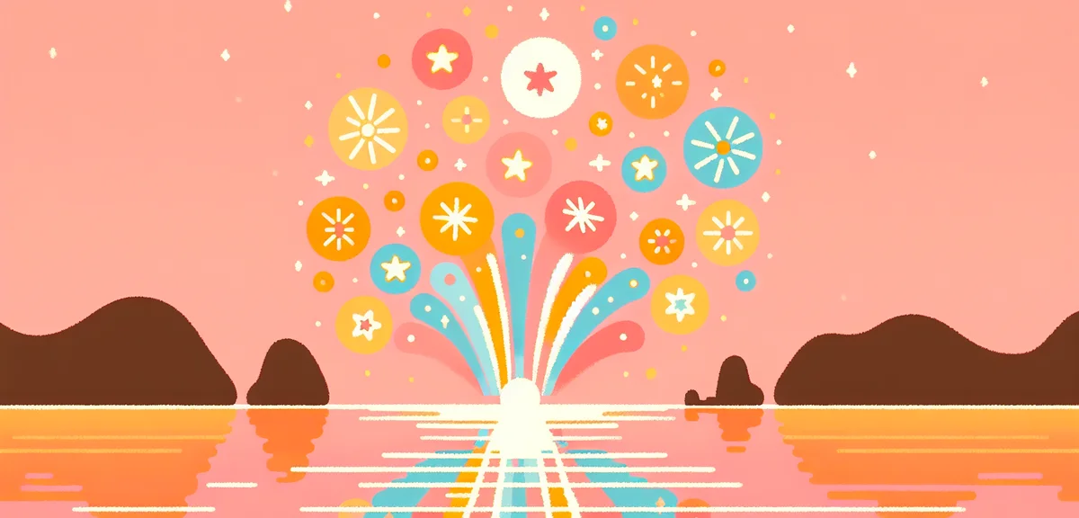 Spectacular fireworks over Okinawa ocean at night, Ryukyu Kaien Sai festival, reflection on water, v