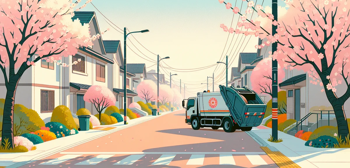 Japanese municipal garbage truck on a quiet residential street during golden week holiday, spring at