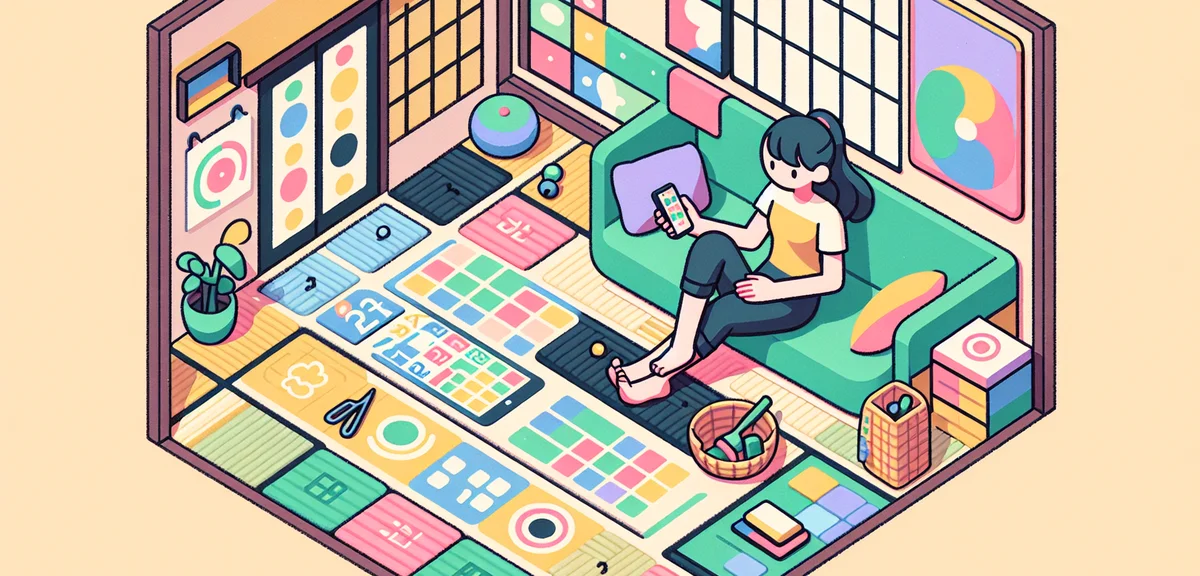 Person checking smartphone calendar app for garbage collection schedule, Japanese home interior back