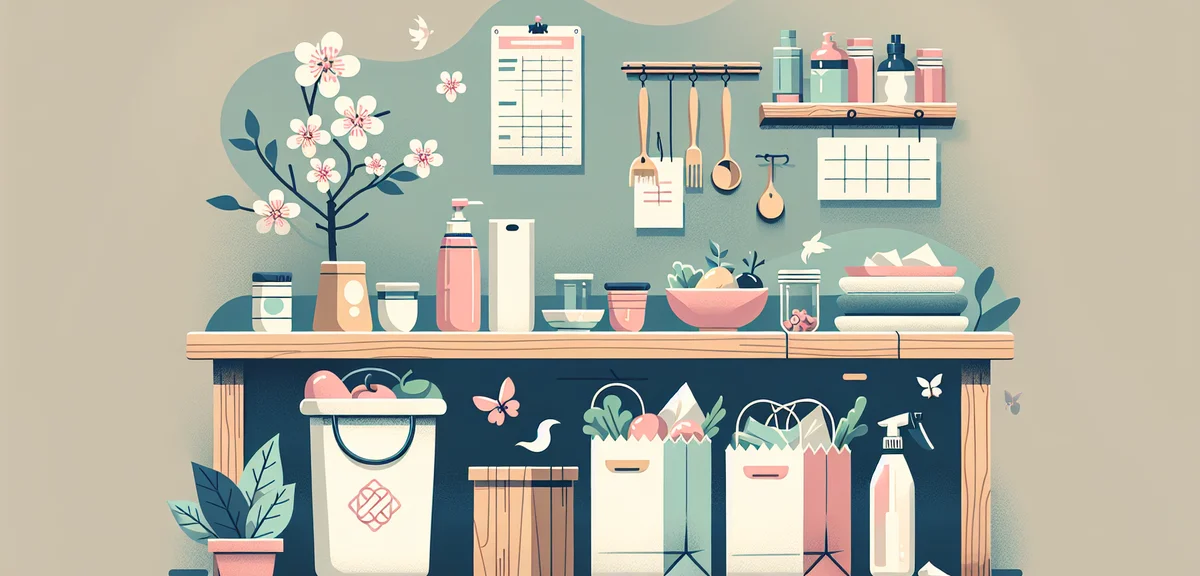 Kitchen counter with neatly organized food waste management items, deodorizer spray and sealed bags,