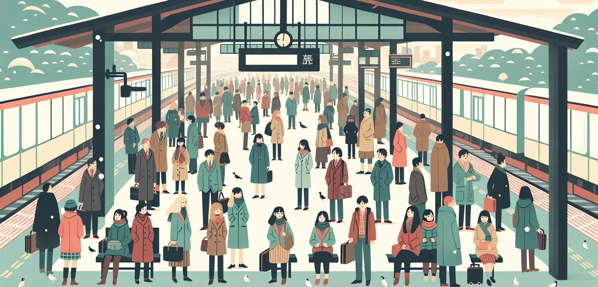 Crowded Japanese bullet train platform with passengers waiting to board, spring holiday travel rush 