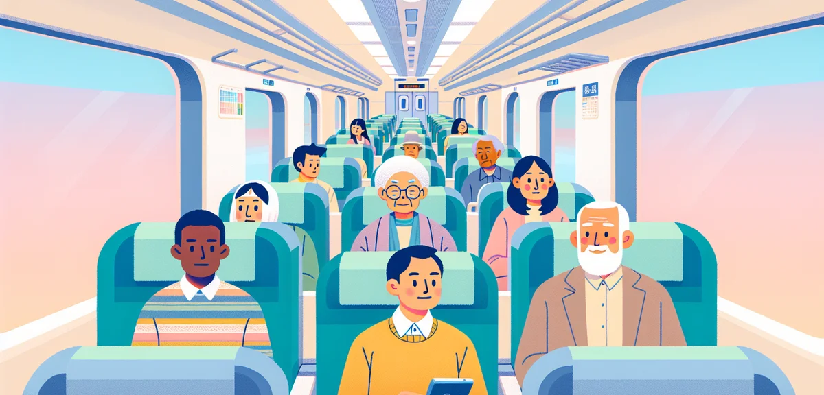 Interior of Shinkansen unreserved seat car with some passengers seated, clean modern train design