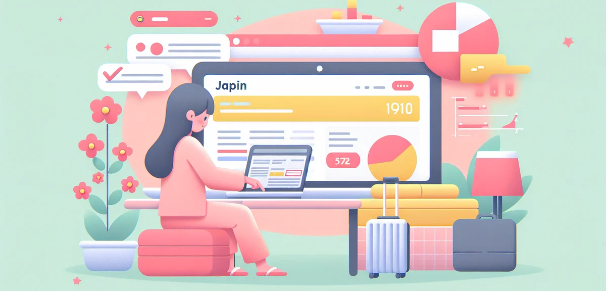 Person searching hotel booking website on laptop with comparison charts, Japanese travel planning sc