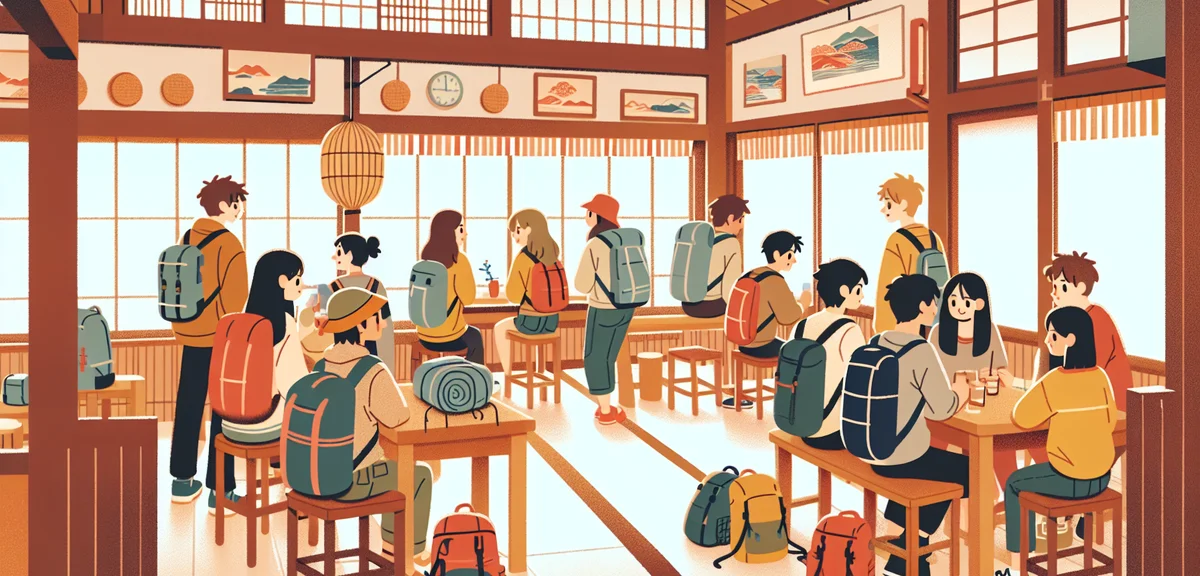 Cozy Japanese guesthouse common area with backpackers socializing, warm wooden interior design