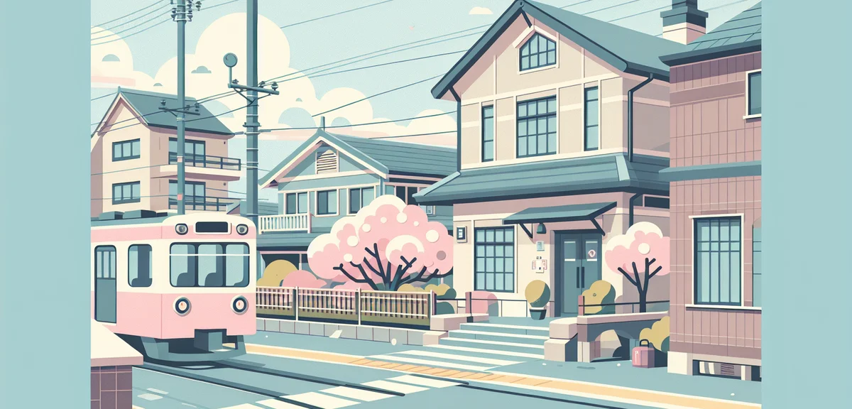 Suburban Japanese hotel exterior with train station nearby, quiet neighborhood setting in spring