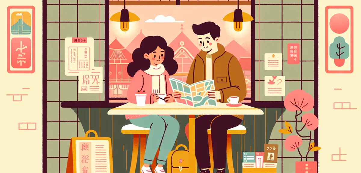 Japanese couple looking at a travel guidebook together in a cozy cafe, planning their trip, maps and