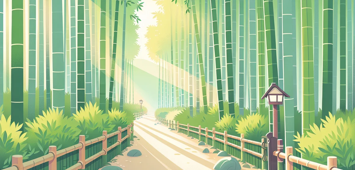 Kyoto bamboo grove pathway with morning sunlight filtering through, peaceful atmosphere, few visitor