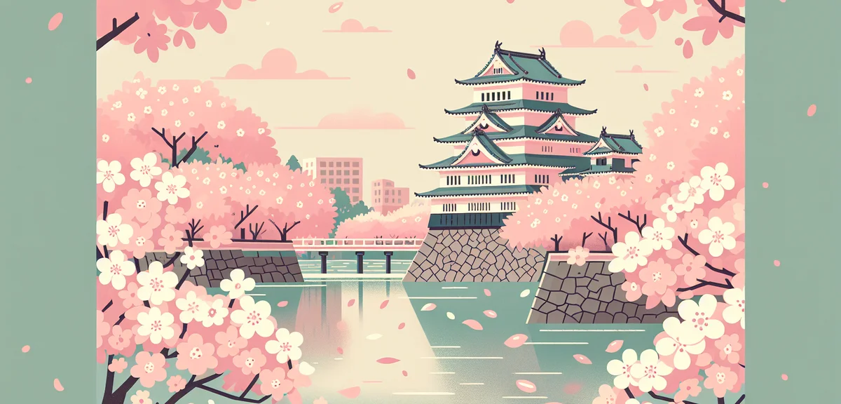 Hirosaki Castle surrounded by cherry blossoms in full bloom, pink petals floating on moat water, Jap