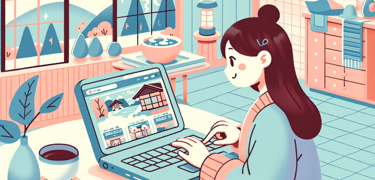 Person browsing travel booking website on laptop, comparing ryokan options with photos of private ou