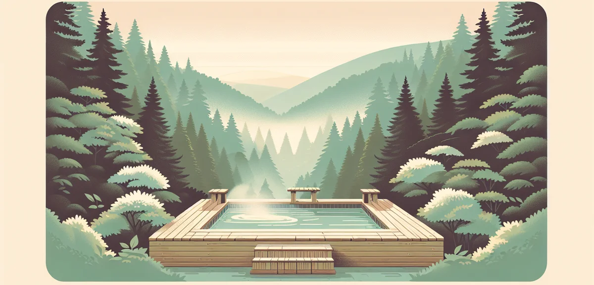 Serene open-air bath surrounded by fresh green forest in Tohoku Japan, wooden bathtub, misty morning