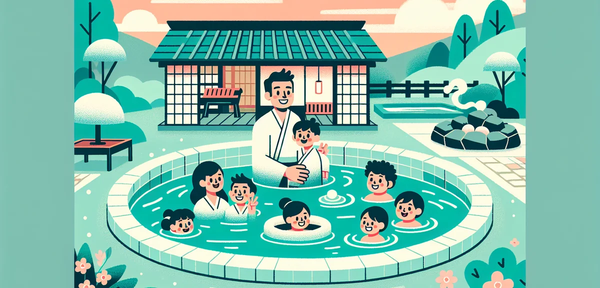 Family with children enjoying a spacious private outdoor bath at a Japanese inn, green garden surrou