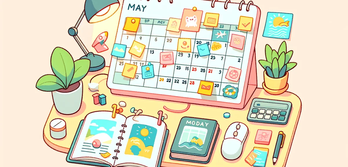Calendar page showing May 2026 with circled holiday dates, colorful sticky notes with travel plans, 