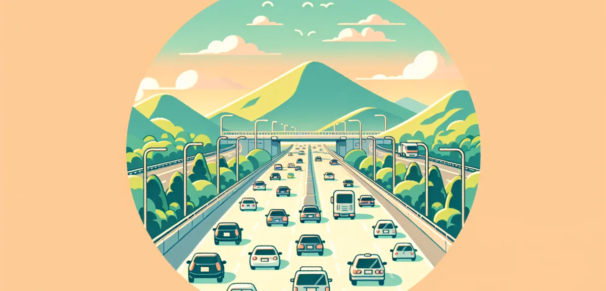 Uncrowded Japanese highway during Golden Week weekday, cars moving smoothly, green mountains on both