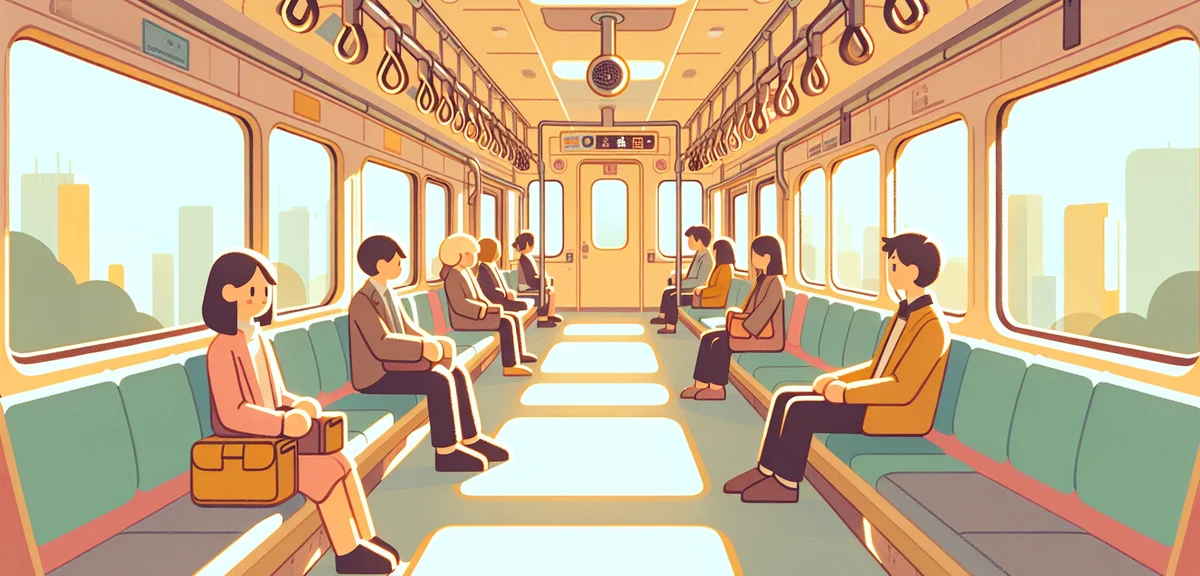 Nearly empty Japanese commuter train during Golden Week weekday, clean interior, few passengers sitt