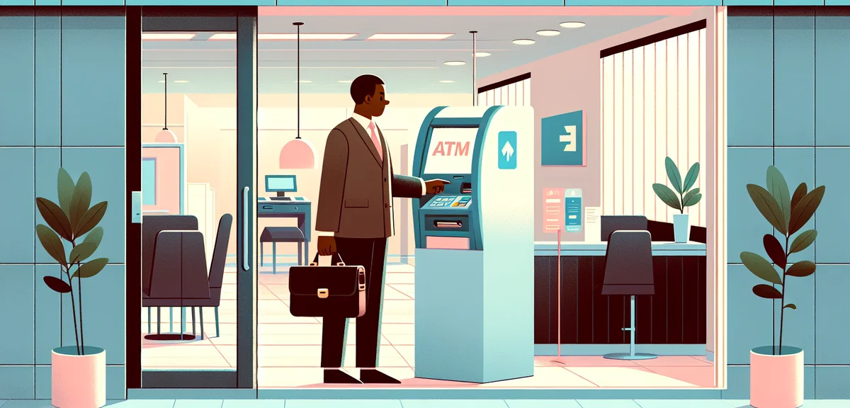 Person using ATM machine inside a bright Japanese bank branch, modern clean interior, natural daylig