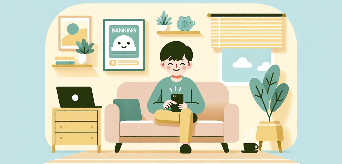 Japanese person using smartphone banking app on a sofa at home, comfortable living room, laptop and 