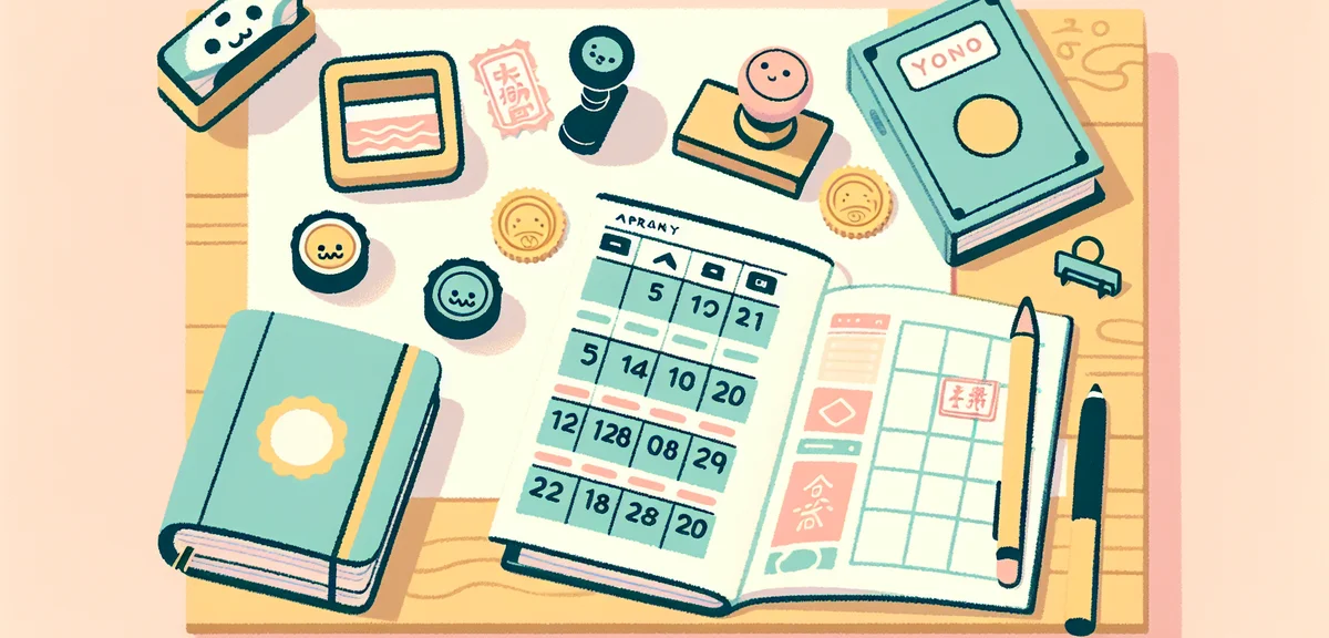 Japanese yen banknotes, bank passbook, seal stamp and calendar showing April-May 2026 on a wooden de