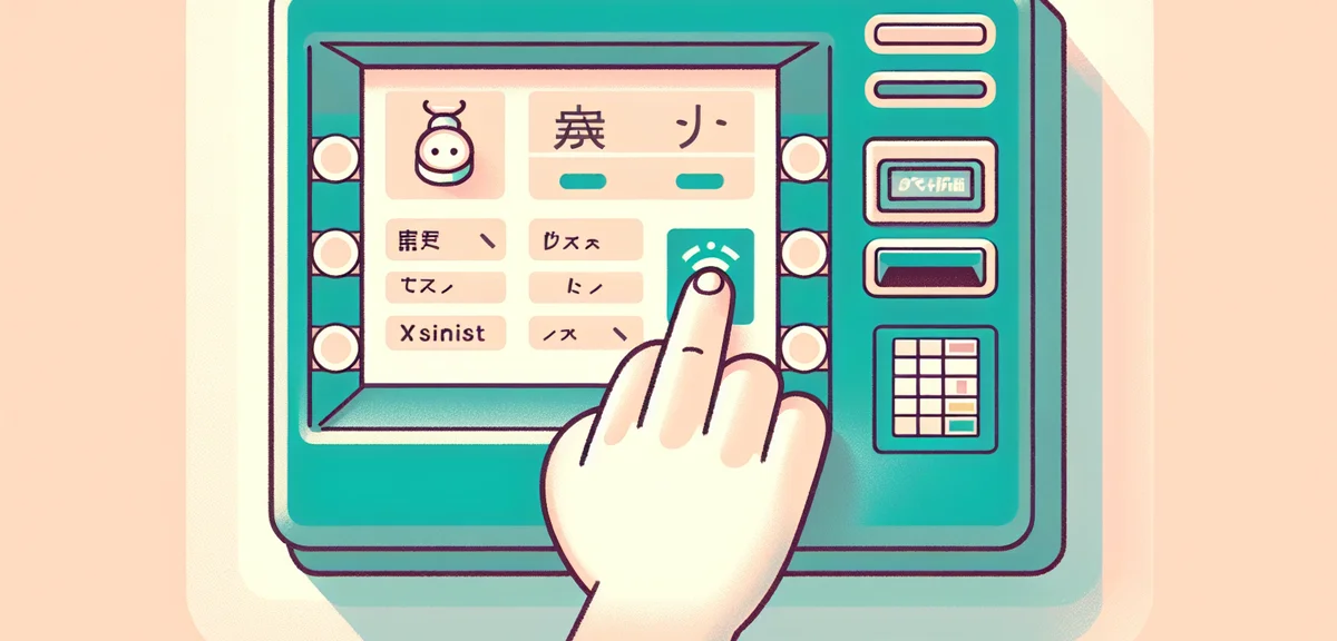 Close-up of ATM screen showing transaction options in Japanese bank, clean modern interface, person'