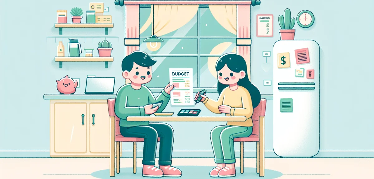 Japanese couple discussing finances at kitchen table with laptop, bank statements and calculator, pl