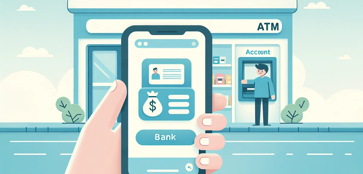 Smartphone showing Japanese banking app with account balance, convenience store ATM in background bl