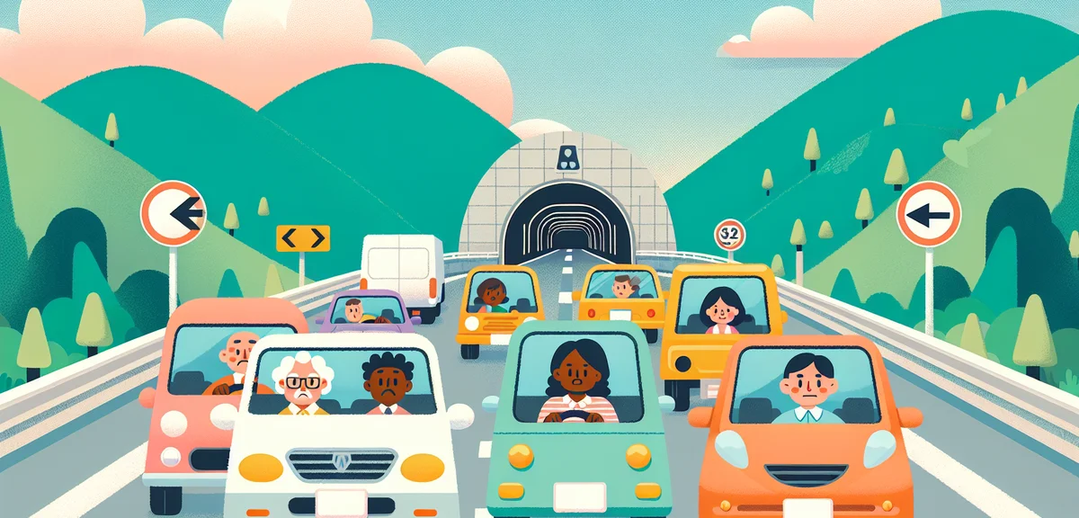 Cars lined up in traffic jam on Japanese mountain highway, tunnel entrance visible ahead, spring gre