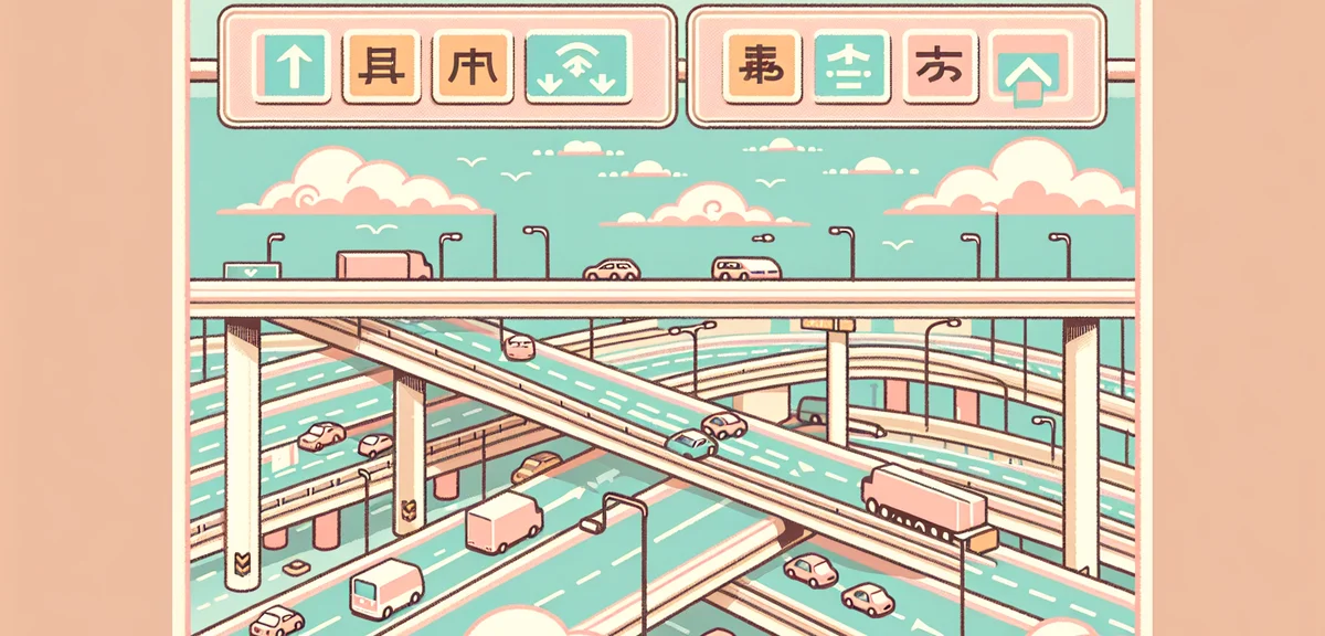 Japanese highway junction with multiple lanes merging, overhead road signs in Japanese, light traffi