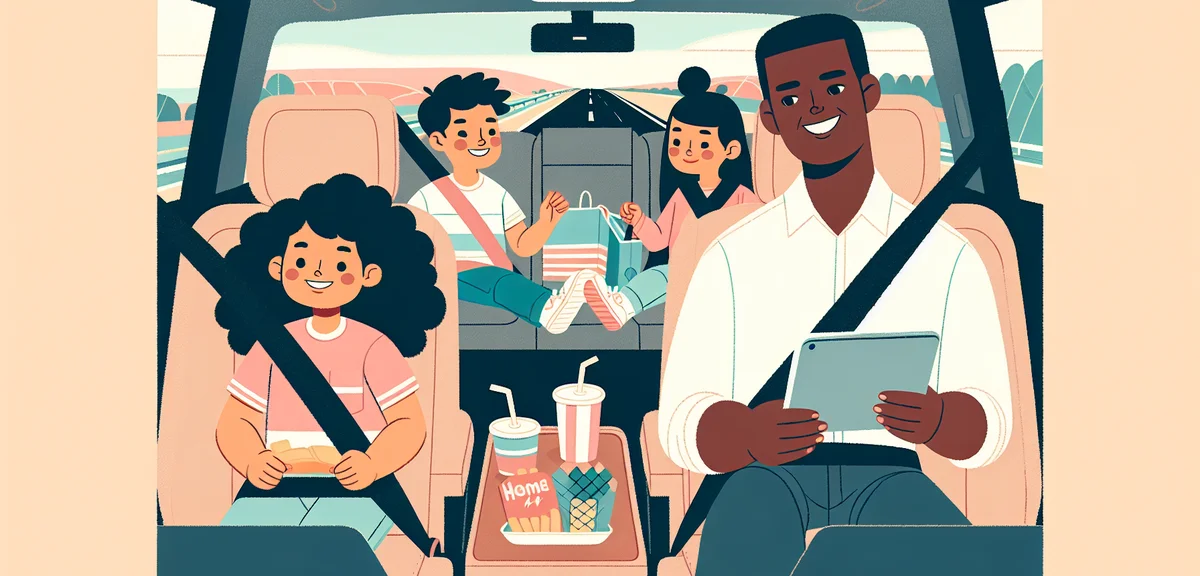 Japanese family inside car on highway, father driving, children watching tablet in back seat, snacks