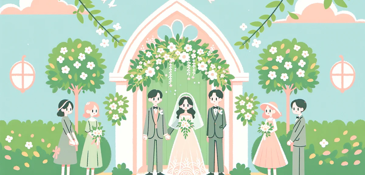 Japanese wedding guests arriving at venue entrance, well-dressed men and women, spring greenery, bri