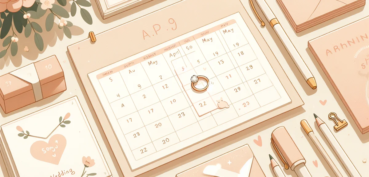 Calendar showing April-May with wedding ring placed on a date, planning concept, soft warm lighting,