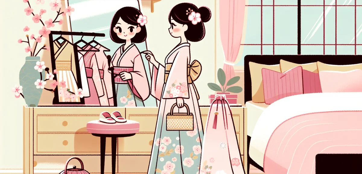 Japanese woman choosing formal dress and accessories for wedding guest outfit, mirror reflection, el