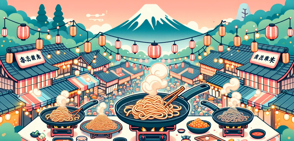 Fujinomiya yakisoba festival scene, steaming iron griddles cooking noodles with rich sauce, festival