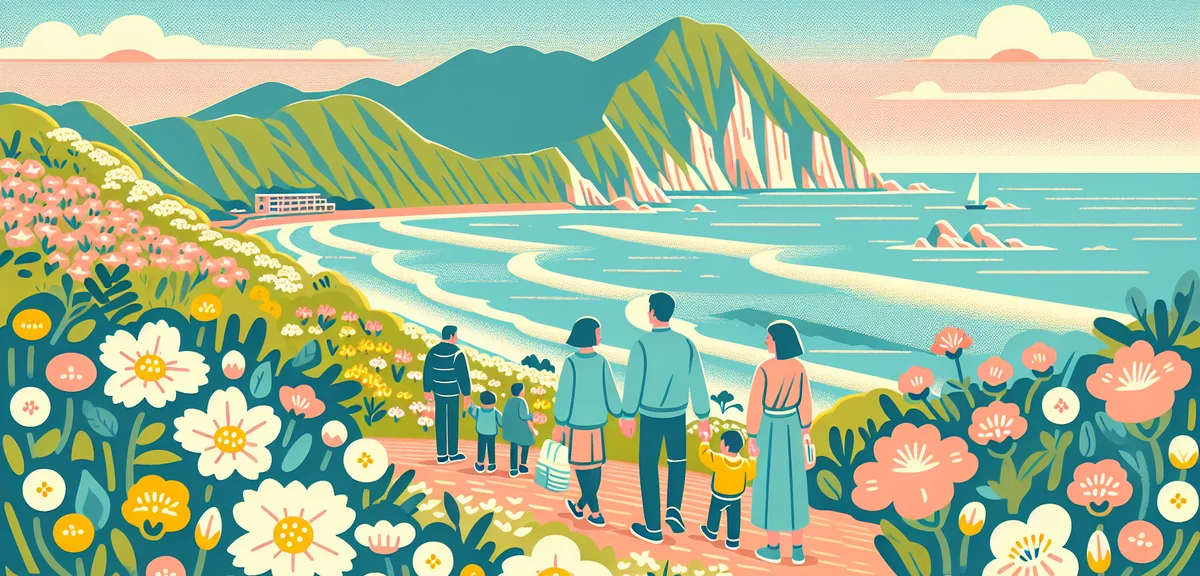 Izu Peninsula coastal scenery with spring flowers blooming on clifftop, scenic ocean view, families