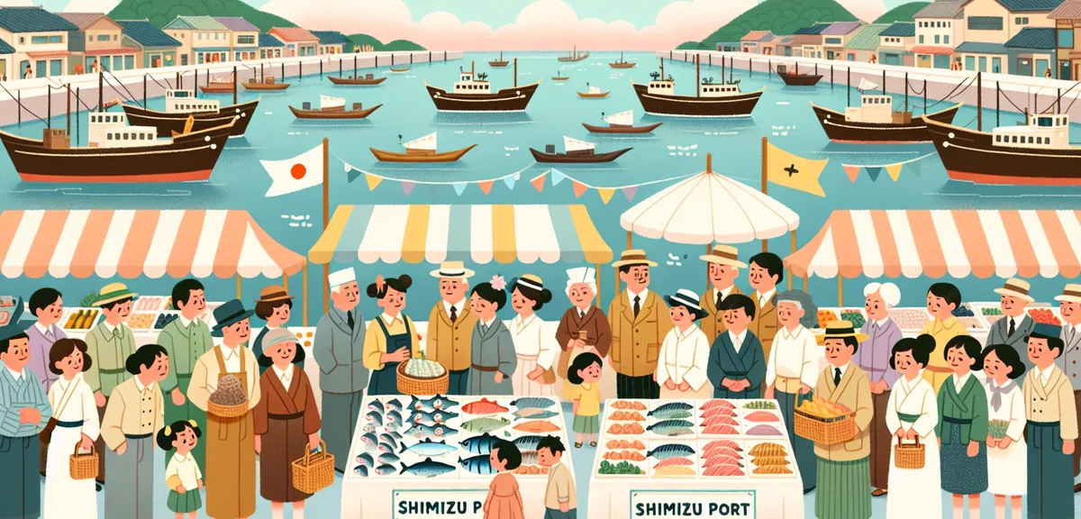 Shimizu Port fresh tuna festival, rows of market stalls with fresh seafood displays, families and to