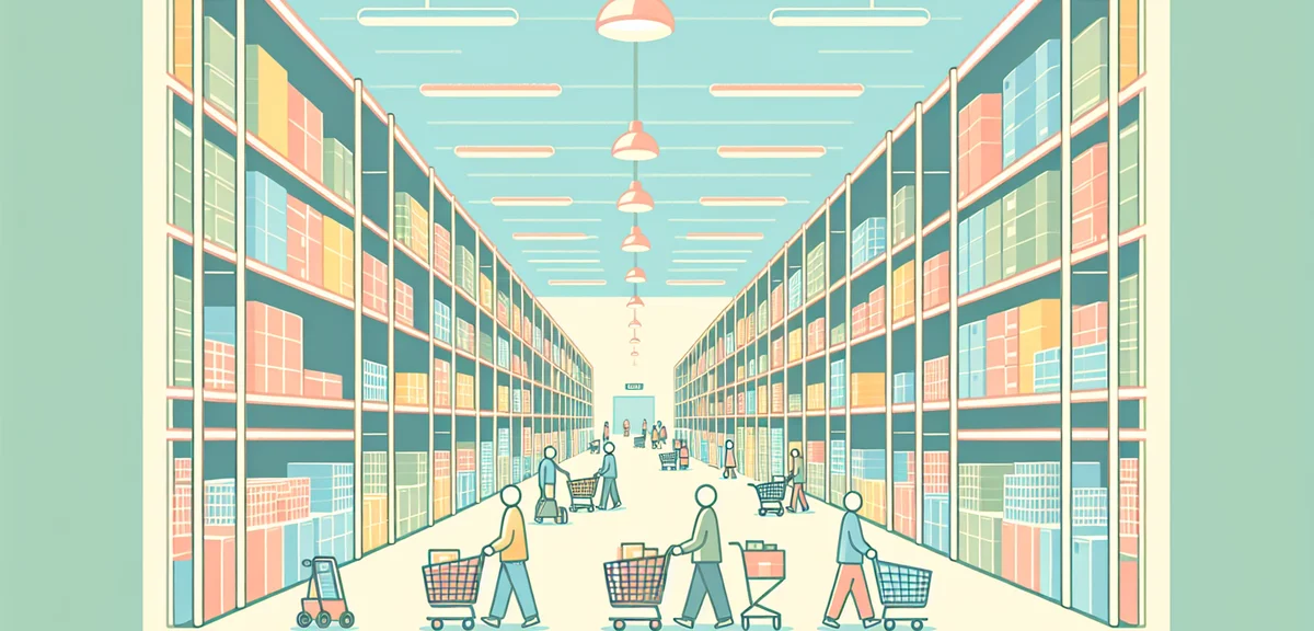 Inside Costco warehouse, long aisles with high shelves stocked with bulk products, Japanese shoppers