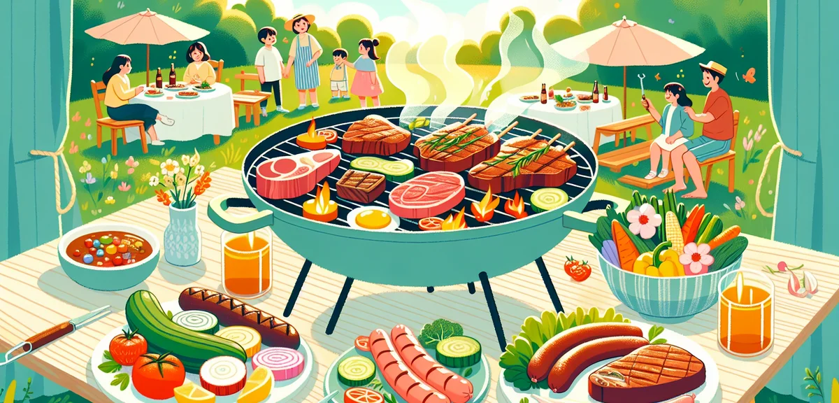 Delicious BBQ spread with premium meat, sausages, and vegetables on a grill at a Japanese outdoor ba