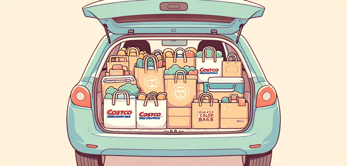 Organized car trunk with Costco shopping bags and insulated cooler bags neatly packed, bulk items vi